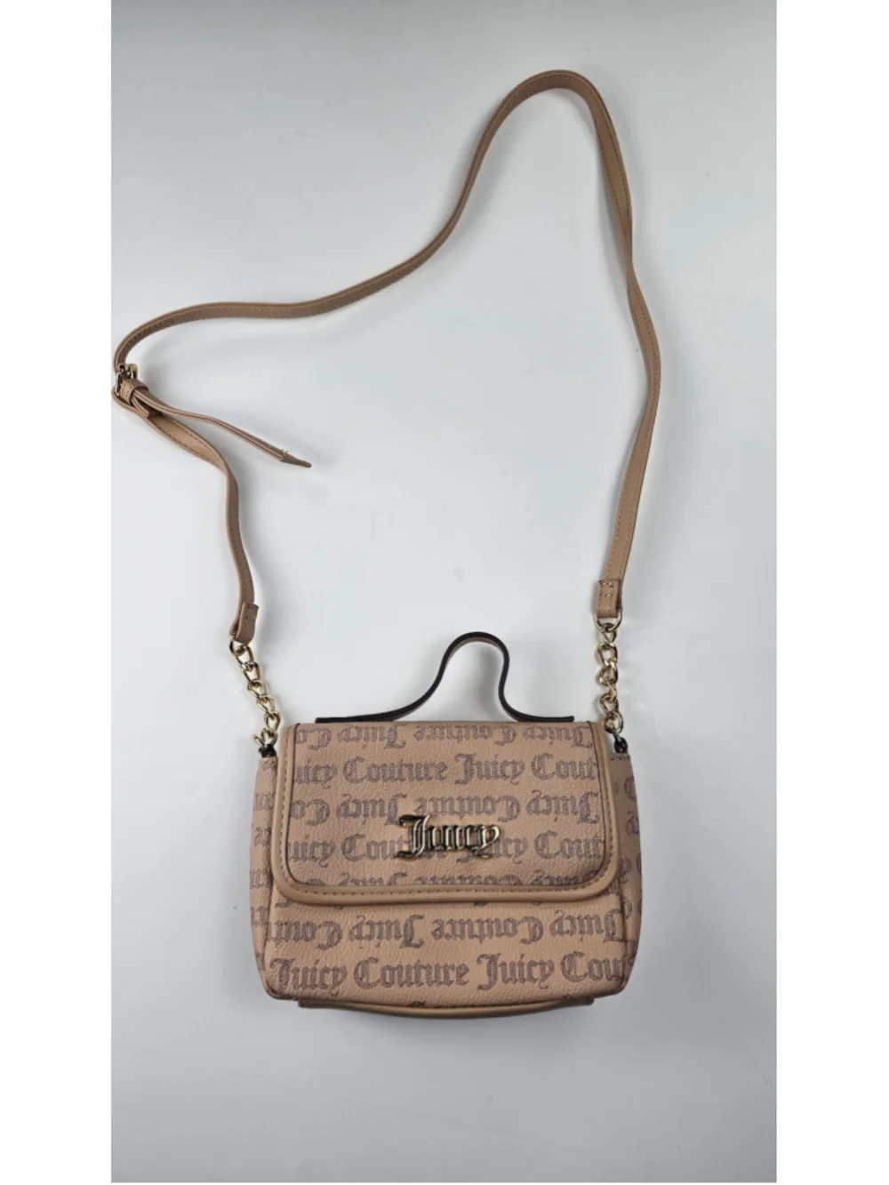 Juicy Couture Mini Crossbody Bag Beige Logo Print Top Handle Y2K Purse